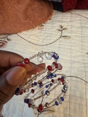 Beaded Red, Blue & Clear Women's Coil Bracelet